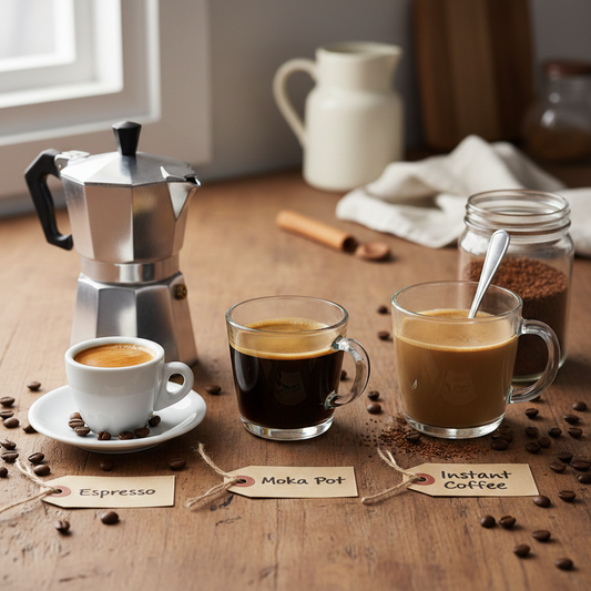 Side-by-side image of espresso, moka pot coffee, and instant coffee to show different home brewing options.
