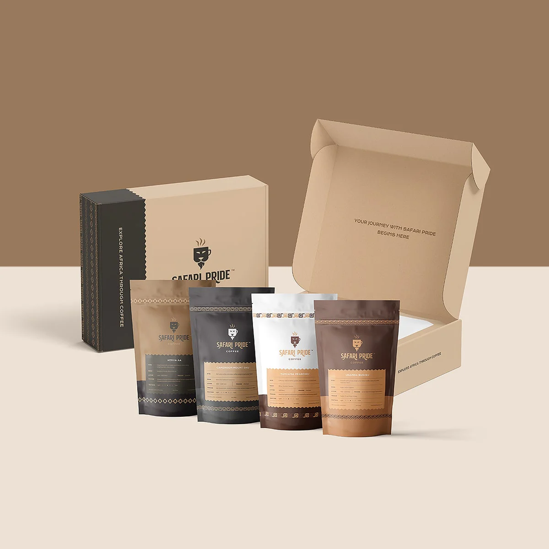 A clean product photo of Safari Pride Coffee bags arranged with mugs and a handwritten gift note.