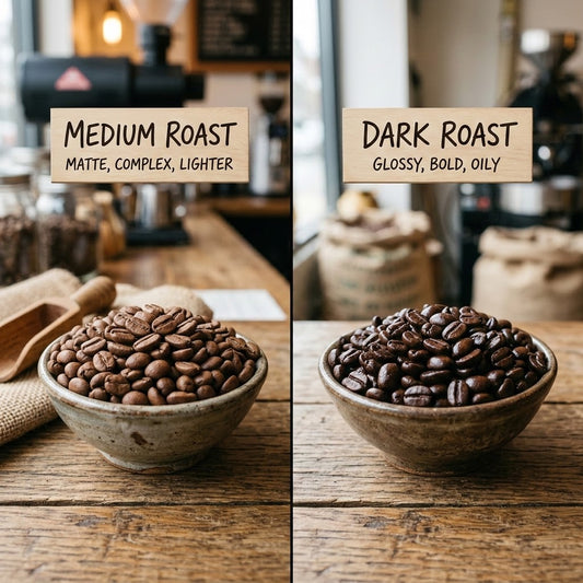 A side-by-side photo of medium roast and dark roast coffee beans 